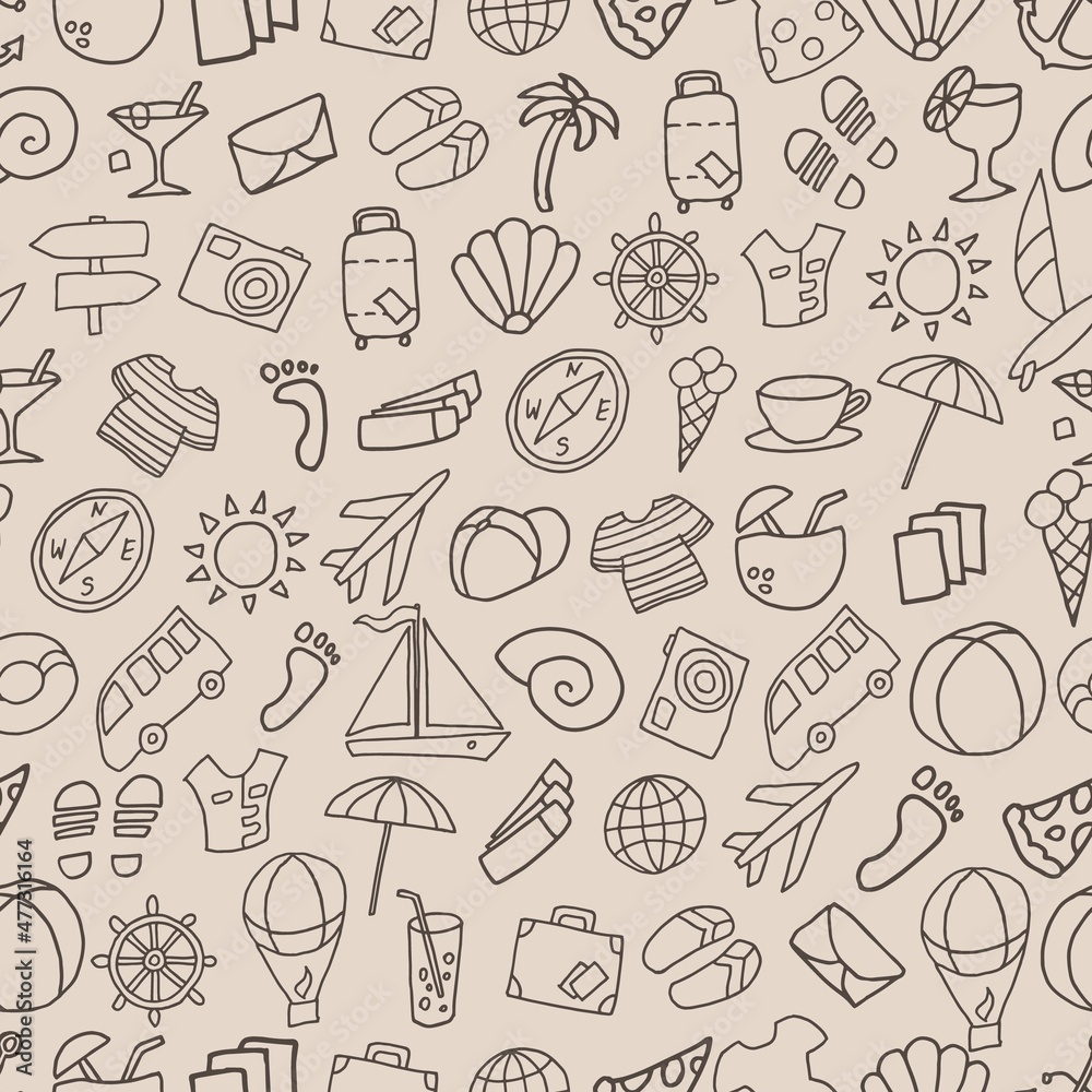 Fototapeta premium Coffee colored seamless pattern with doodle painted cartoon travel items