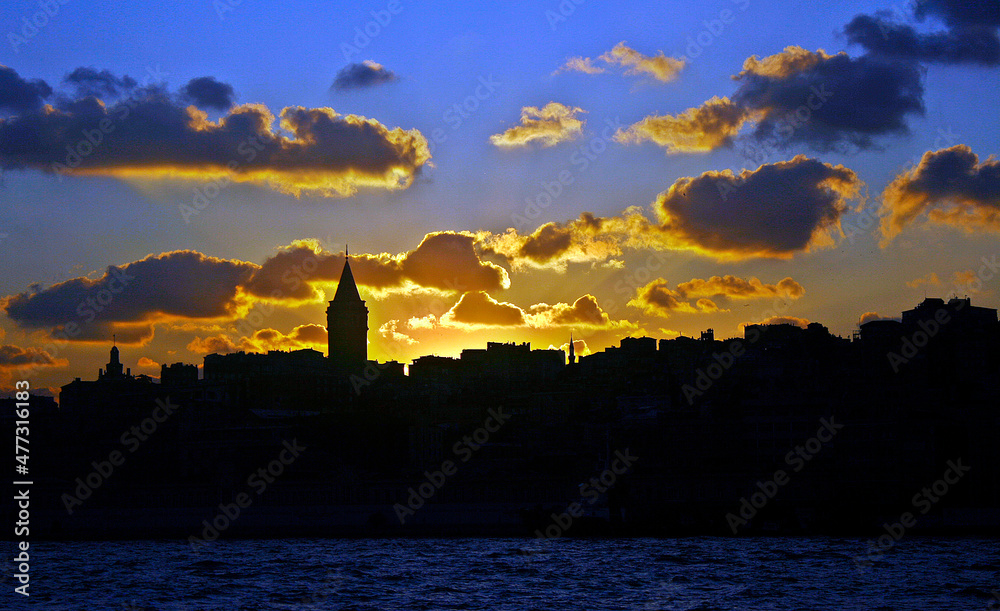 Sunset and Galata Tower Beyoglu, Istanbul Turkey