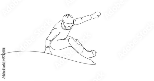 Animated continuous one line drawing of  snowboard athlete. Outdoor extreme sport. Winter season sport.