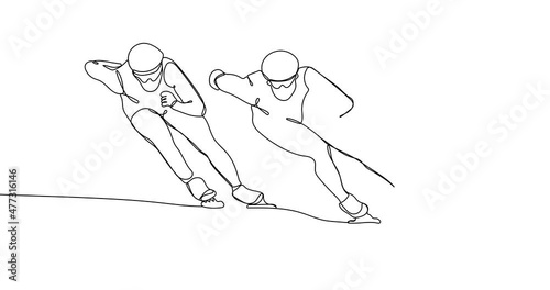 Animated continuous one line drawing of Speed skating athletes. Winter season sport.