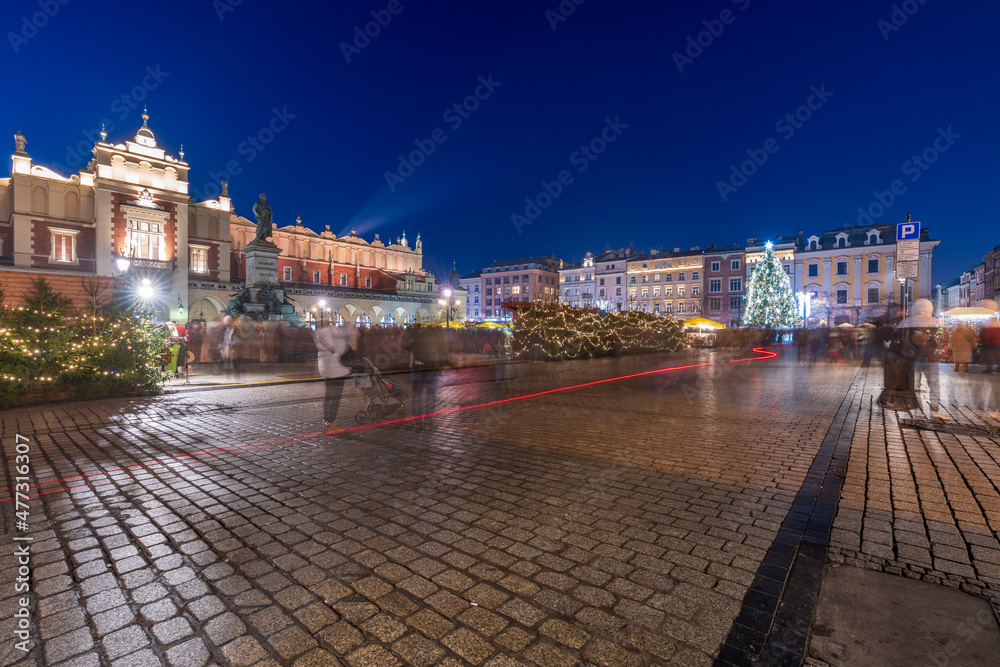 Krakow, Poland December 15, 2021; The architecture of the city of Krakow in the Lesser Poland Voivodeship in the evening time