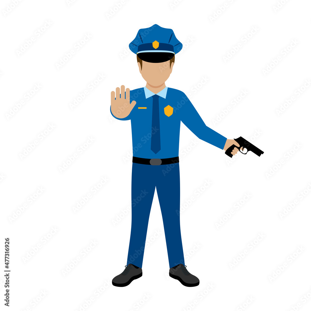 Police officer holding a gun and gesturing stop icon vector. Security guard male icon isolated on a white background. Policeman in blue uniform graphic design element