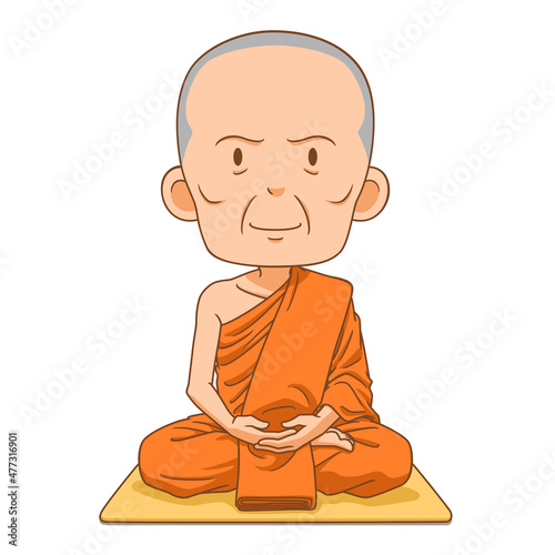 Cartoon character of Buddhist monk sitting meditation.	