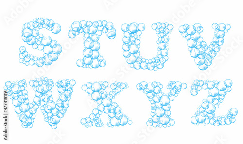 Alphabet of soap bubbles. Water suds letters s, t, u, v, w, x, y, z. Realistic vector font isolated on white background