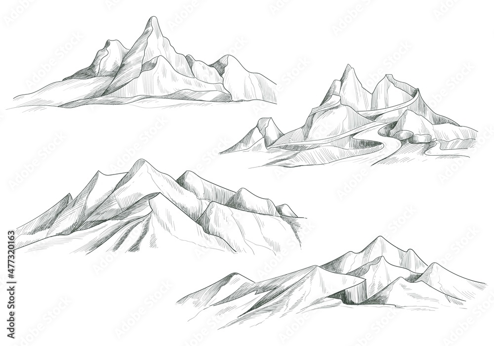 Hand drawing mountain landscape set sketch design