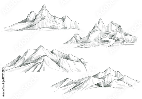 Hand drawing mountain landscape set sketch design