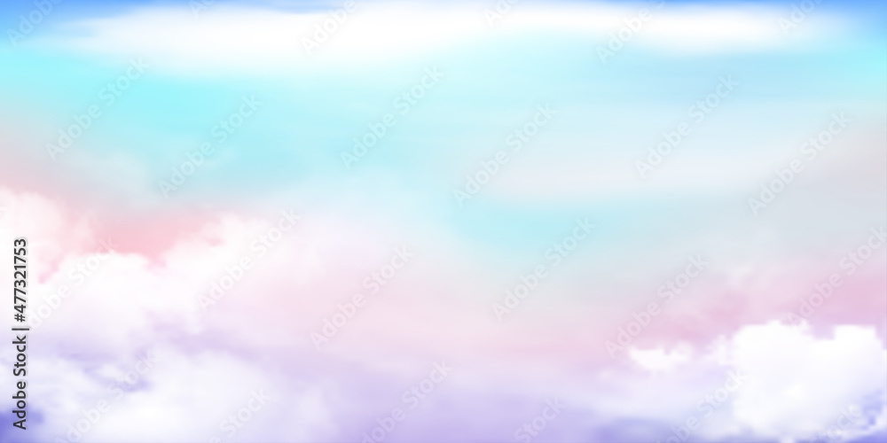 Panorama Clear blue,pink,purple sky and white cloud detail  with copy space. Sky Landscape Background.Summer heaven with colorful clearing sky. Vector illustration.Sky clouds background.