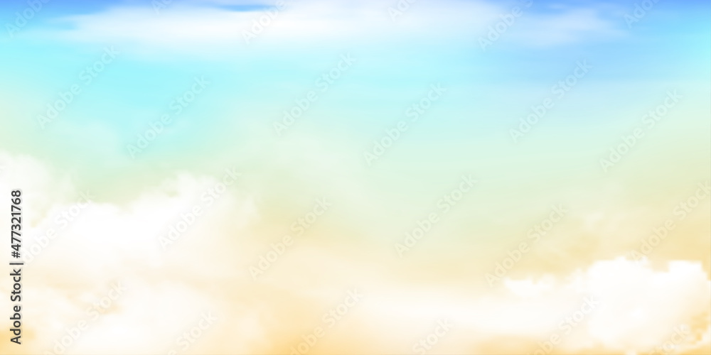 Panorama Clear blue to yellow sky and white cloud detail  with copy space. Sky Landscape Background.Summer heaven with colorful clearing sky. Vector illustration.Sky clouds background.