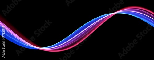 Blue and red abstract wave. Magic line design. Flow curve motion element. Neon gradient wavy illiustration.