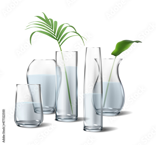 3d realistic icon. Isolated. Collection of flower glass transparent vases with plants inside. On white background.