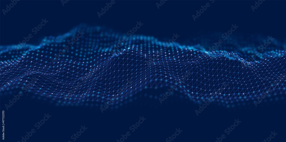 Dynamic blue particle wave. Abstract sound visualization. Flow digital structure. Mesh landscape or grid data technology.