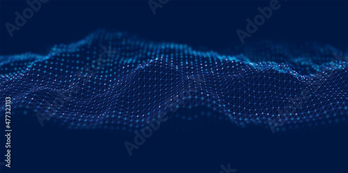 Dynamic blue particle wave. Abstract sound visualization. Flow digital structure. Mesh landscape or grid data technology.