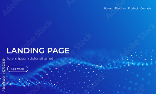 Wave of blue particles. Abstract landing page technology background. Sound mesh pattern or grid landscape. Digital data structure consist dot elements. Future vector illustration.