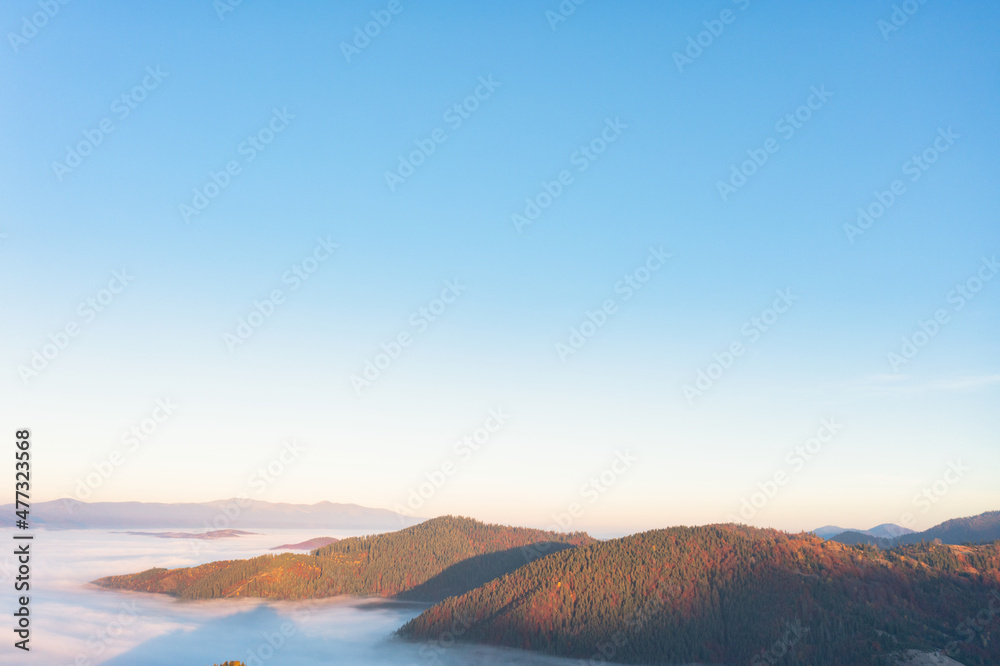 Highland with colorful forests covered with fog at sunrise