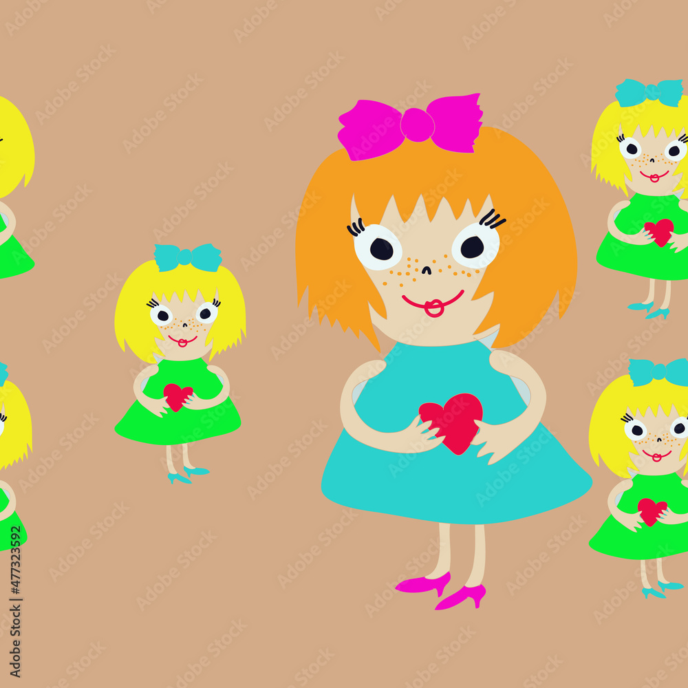 Horizontal stylized girls with heart. Hand drawn. Horizontal stylized girls with heart. Hand drawn.