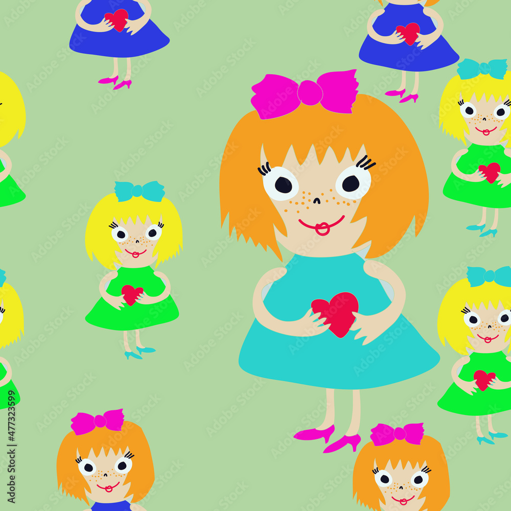 Naklejka premium Seamless stylized girls with heart. Hand drawn.