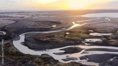 Wallpaper Mural Aerial Flight above Epic Volcanic Landscape in Iceland. Scandinavian River Glacial Meltwater at Golden Hour. Climate Change Global Warming problem. Torontodigital.ca