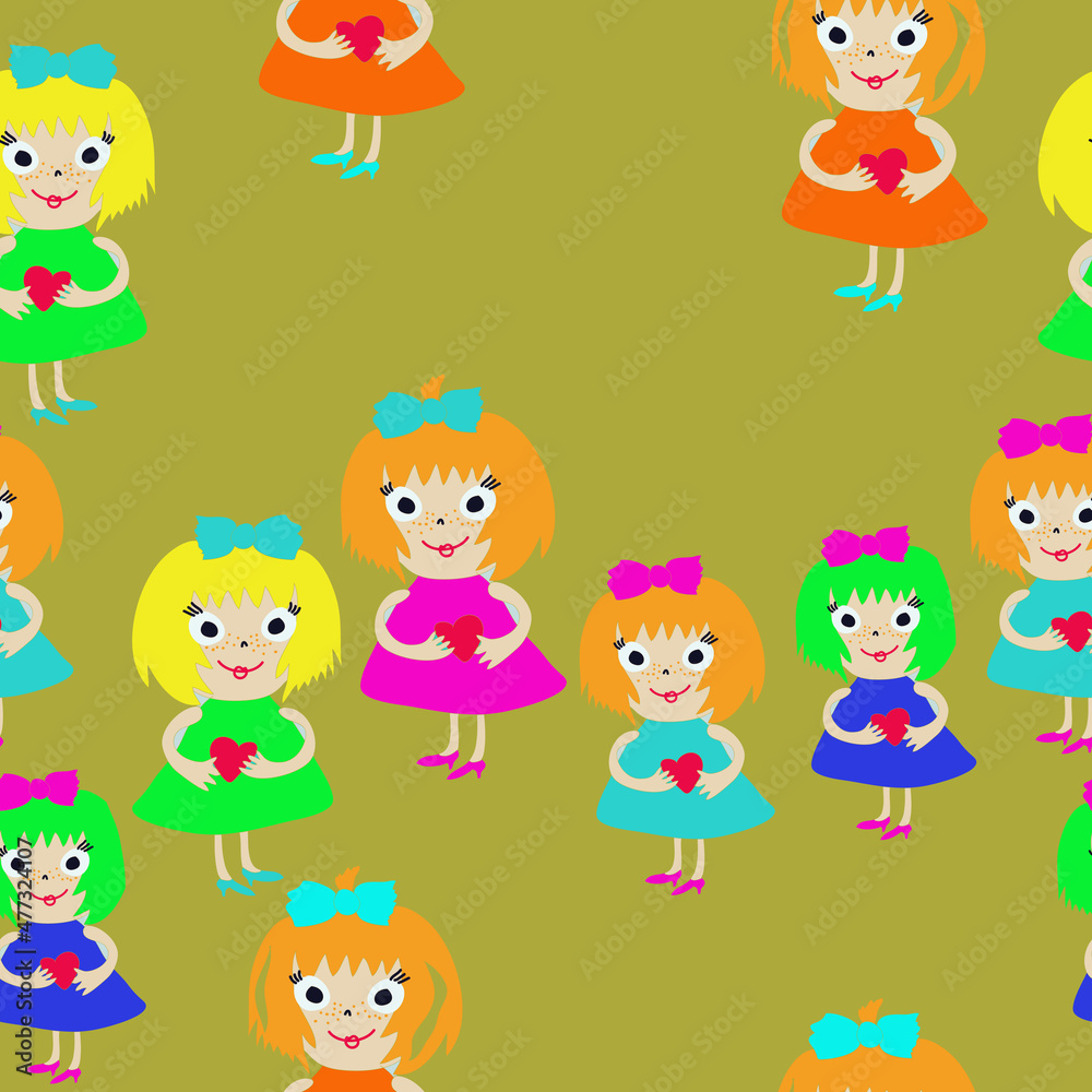 Seamless stylized girls with heart. Hand drawn. Seamless stylized girls with heart. Hand drawn.