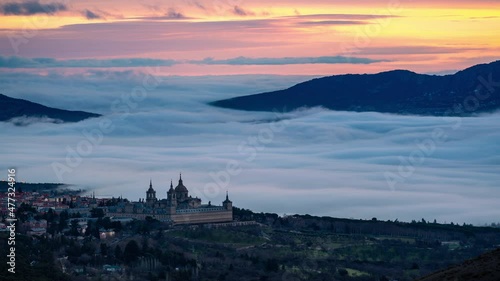 El Escorial Timelapse sunrise in a foggy morning