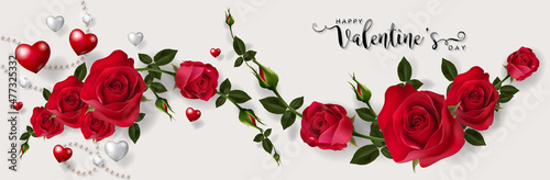 Valentine day greeting card templates with realistic of beautiful rose and heart on background color.
