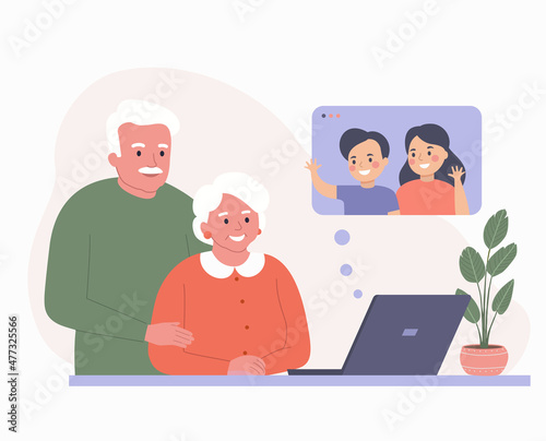 Grandchildren chatting with elderly grandmother and grandfather.  Vector flat style cartoon illustration