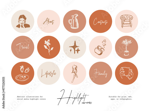 Set of hand drawn line art cosmetics and beauty illustrations for social media highlight covers