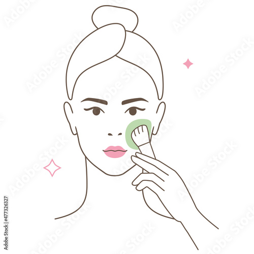 Beautiful girl take care of her face . Woman making skincare ritual. Beauty routine, face mask moisturising. Flat vector Illustration icon