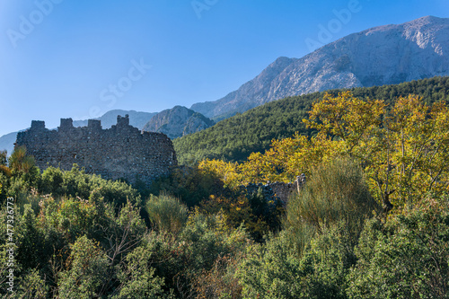 ruins of the antique castle Gedelme Kalesi in the valley of the Taurus mountains, Turkey photo