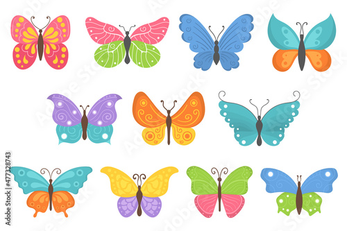 Set colorful flying insects, summer butterfly flat