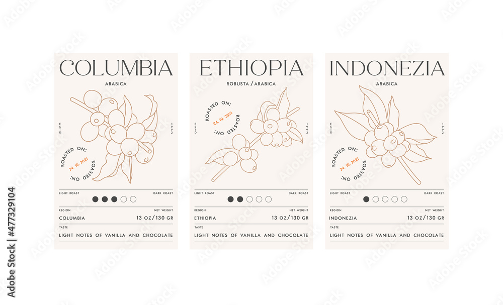 Vector set illustration design labels for coffee packages. Minimalistic and modern design with coffee beans branch.