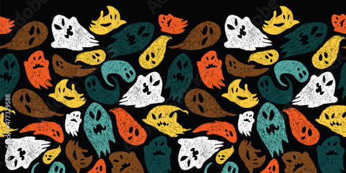 Vector black colourful cute sketch of cartoon ghosts horizontal border pattern. Background for halloween posters, greeting cards, invitations, web design, wrapping paper.