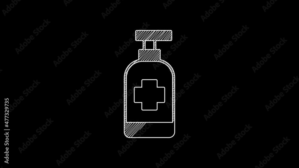 White line Bottle of liquid antibacterial soap with dispenser icon isolated on black background. Antiseptic. Disinfection, hygiene, skin care. 4K Video motion graphic animation White line Bottle of liquid antibacterial soap with dispenser icon isolated on black background. Antiseptic. Disinfection, hygiene, skin care. 4K Video motion graphic animation