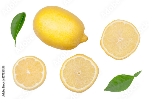 Lemon and slices isolated on white background. Flat lay, top view