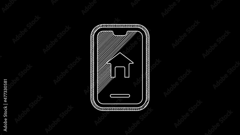White line Online real estate house on smartphone icon isolated on black background. Home loan concept, rent, buy, buying a property. 4K Video motion graphic animation White line Online real estate house on smartphone icon isolated on black background. Home loan concept, rent, buy, buying a property. 4K Video motion graphic animation