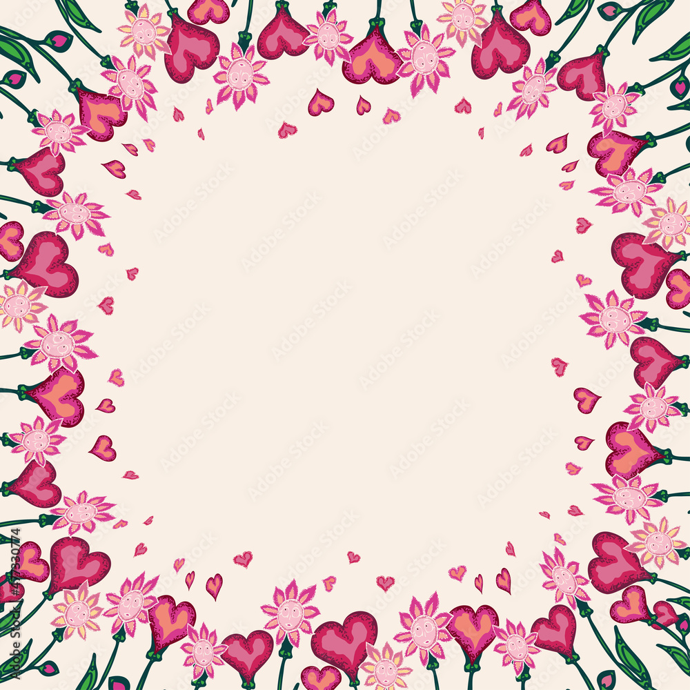 Decorative greeting vector card with border from pink drawn abstract daisies and heart flowers in love