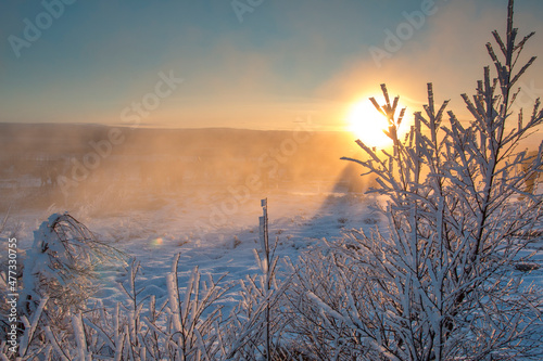 sunrise in a winterwonderland with fog in iceland