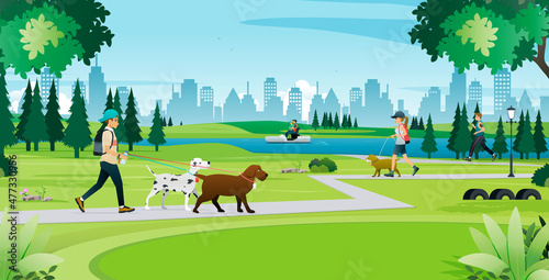 People take their pets for walks and vacations in the city parks.