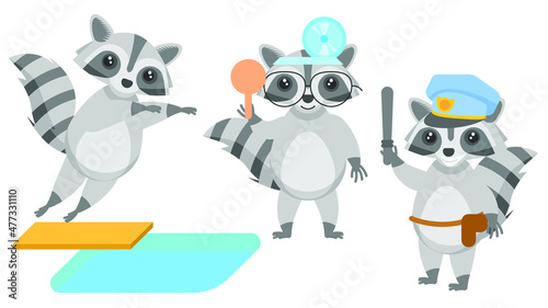 Set Abstract Collection Flat Cartoon  Different Animal Raccoons Jumping Into The Pool  Policeman With Baton  Ophthalmologist With Scapula Vector Design Style Elements Fauna Wildlife