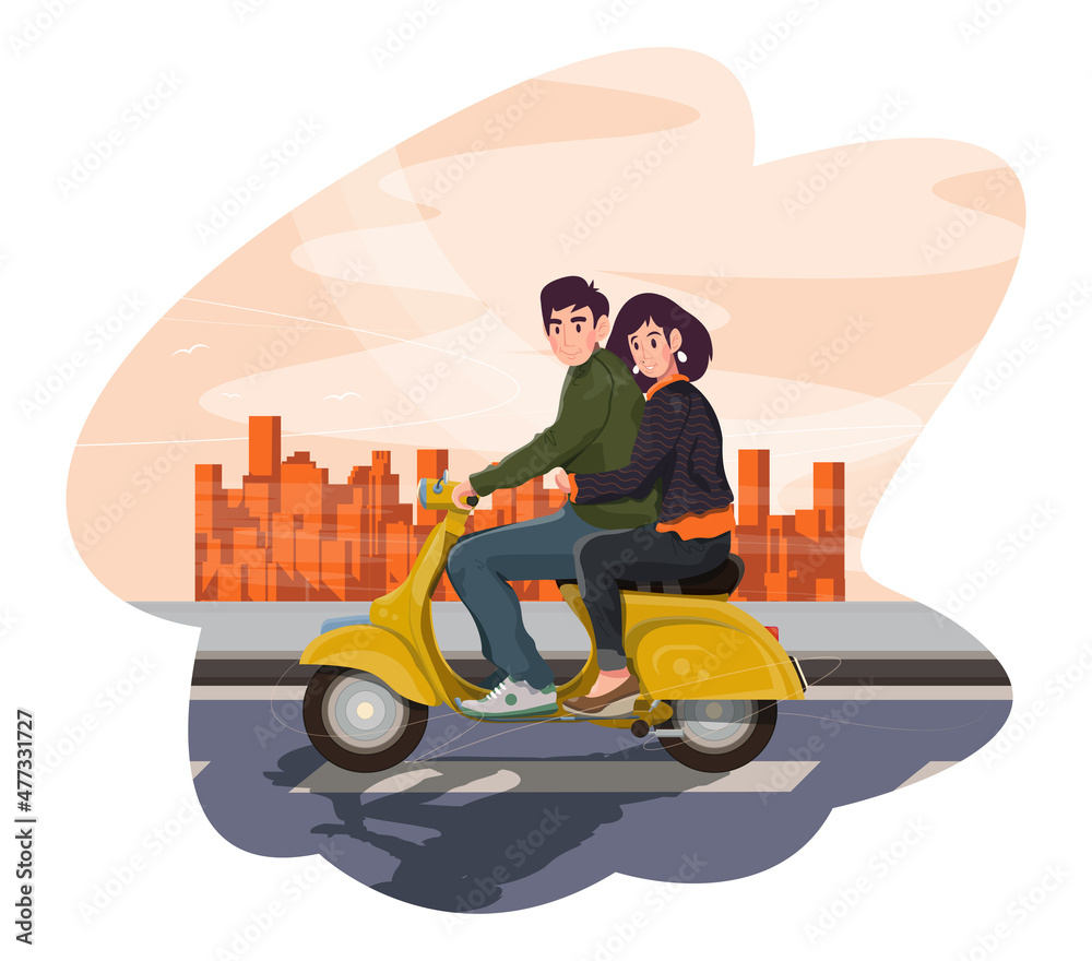 Lovers ride a moped through the city. Colorful detailed illustration with a young couple. 