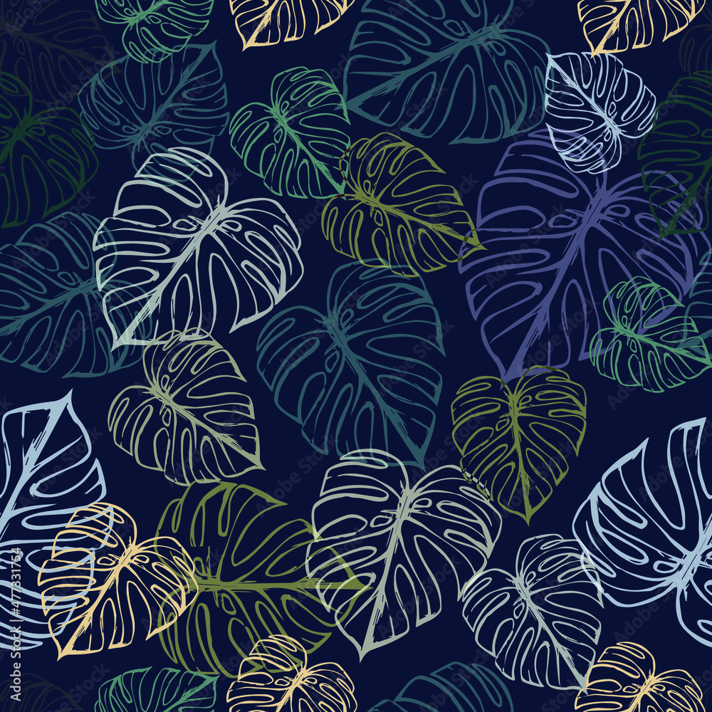 Monstera Leaves Seamless Pattern. Perfect for Textile, Fabric, Background, Print. Hand drawn pattern on the dark background.