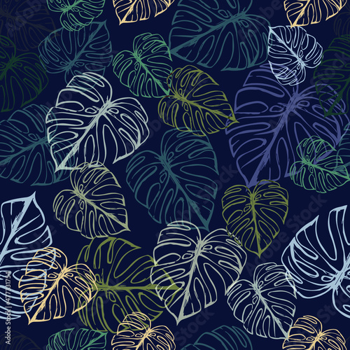 Monstera Leaves Seamless Pattern. Perfect for Textile, Fabric, Background, Print. Hand drawn pattern on the dark background.