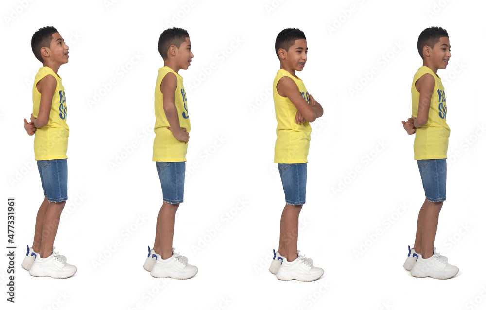 Obraz premium group of the same boy from the side view dressed in shorts sleeveless on white background