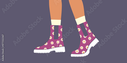 Shoe, boot, footwear. Woman, female, girls boots. Colored women's flat ankle boots with flat  thick soles. Feet, legs walking in elegant women leather boots. Colorful Isolated flat vector illustration