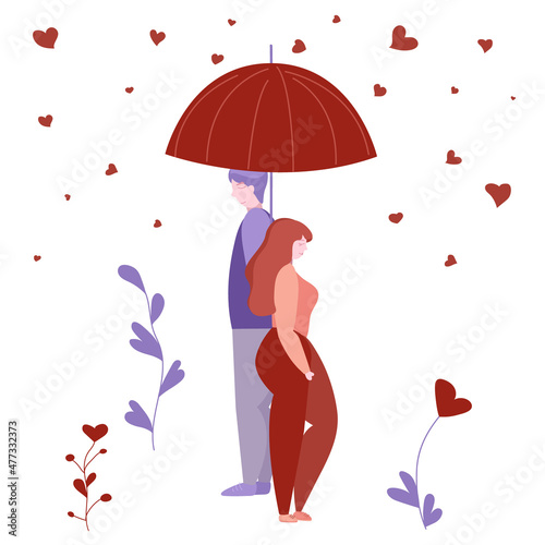 Valentine with a couple under umbrella. Heart rain and floral vector illustration