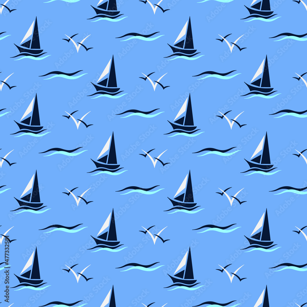 Sailboat, waves and gulls on blue background seamless pattern. Marine boyish theme. Best for childish textile, print, wallpapers, and nursery decoration. Sailboat, waves and gulls on blue background seamless pattern. Marine boyish theme. Best for childish textile, print, wallpapers, and nursery decoration.