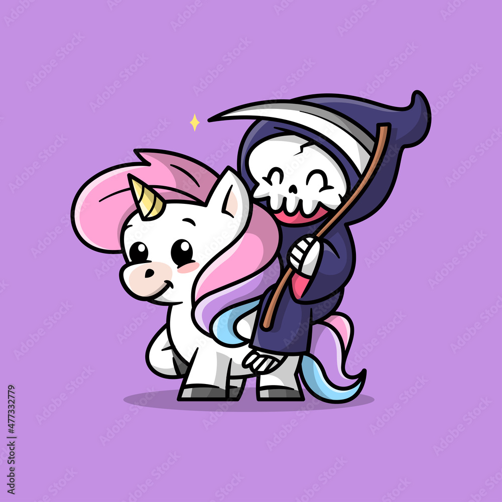Obraz premium A CUTE DEATH ANGEL IS RIDING A UNICORN. CARTOON ILLUSTRATION.