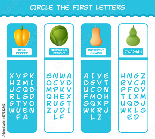 Circle the first letters of cartoon vegetables. Matching game. Educational game for pre shool years kids and toddlers photo