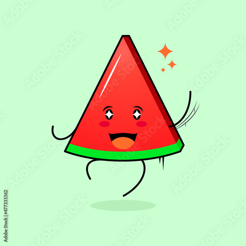 cute wtermelon slice character with smile and happy expression, jump, one hand up, mouth open and sparkling eyes. green and red. suitable for emoticon, logo, mascot and icon photo