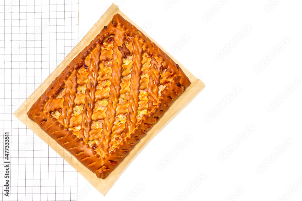 Yeast pie with filling - stewed cabbage with egg. rustic style. Russian cuisine. Homemade cakes. Yeast pie with filling - stewed cabbage with egg. rustic style. Russian cuisine. Homemade cakes.