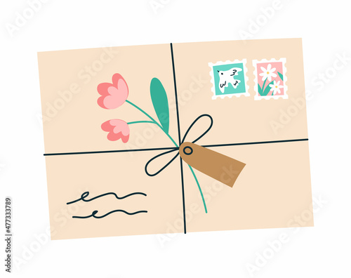 Vector illustration of an envelope or a package with a flower and a tag. Love mail, wedding invitation or spring greetings packaging design.Trendy hand-drawn style.